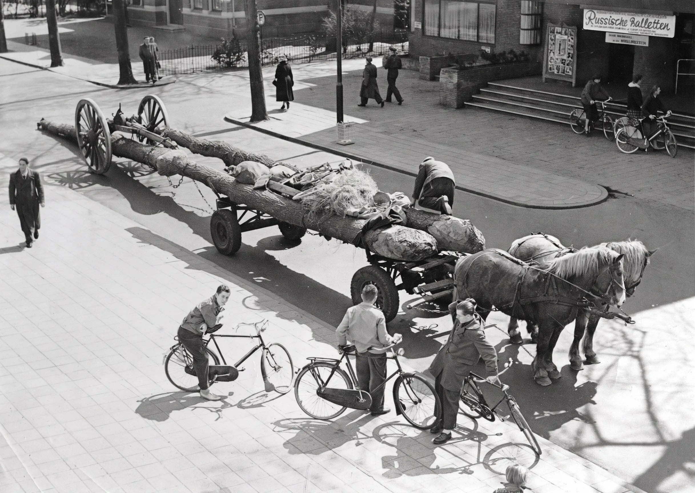 Bomentransport met paard en wagen door de straat