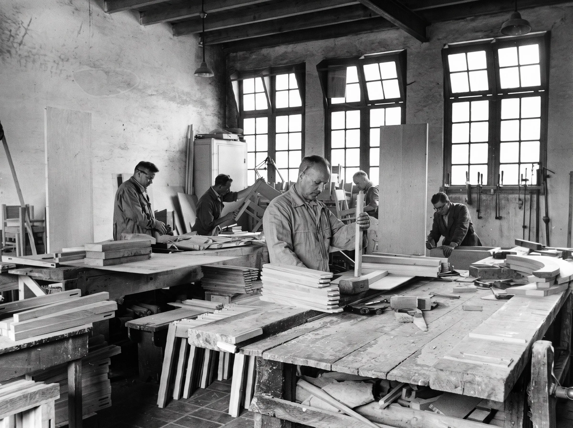 Timmerlieden aan het werk in de timmerfabriek